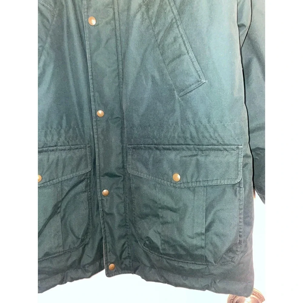 Lands' End Long Jacket Men Medium Green Down Fill Line‎ Snap Front Inside Zip